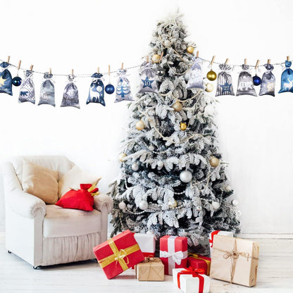 DIY Adventskalender zum Befüllen Blau Grau Stoff 24 Große Säckchen