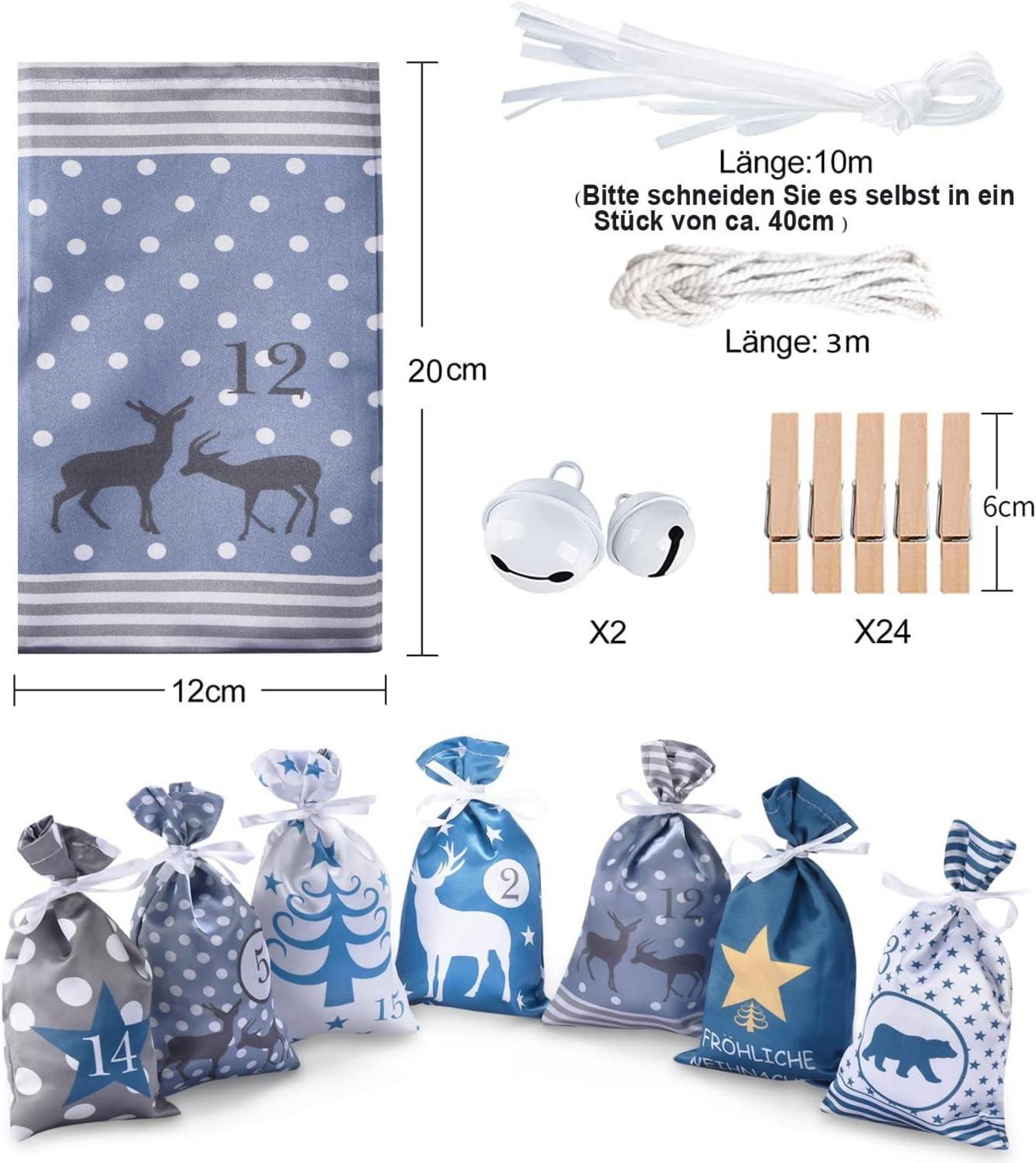 DIY Adventskalender zum Befüllen Blau Grau Stoff 24 Große Säckchen