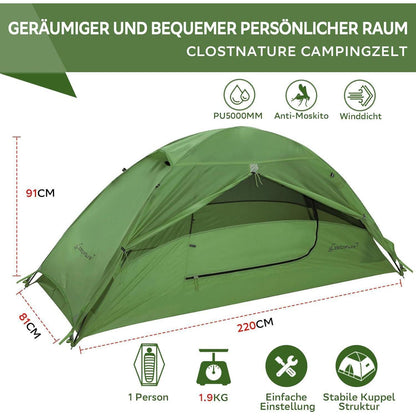 Clostnature 1-Personen Zelt Camping Wasserdicht Ultraleicht