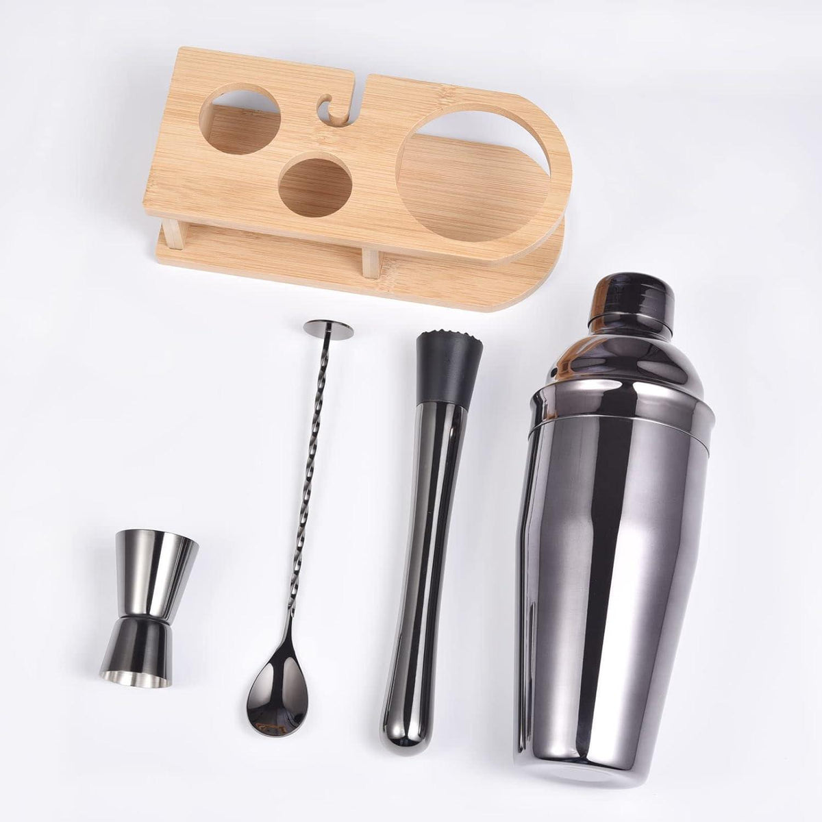Cocktail Shaker Set 5-teilig Edelstahl mit Holzständer Grau