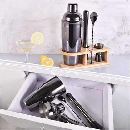 Cocktail Shaker Set 5-teilig Edelstahl mit Holzständer Grau