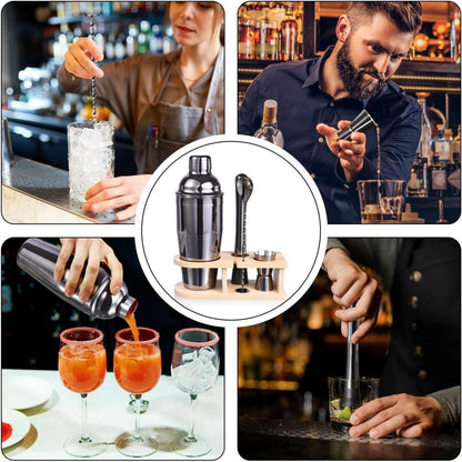 Cocktail Shaker Set 5-teilig Edelstahl mit Holzständer Grau