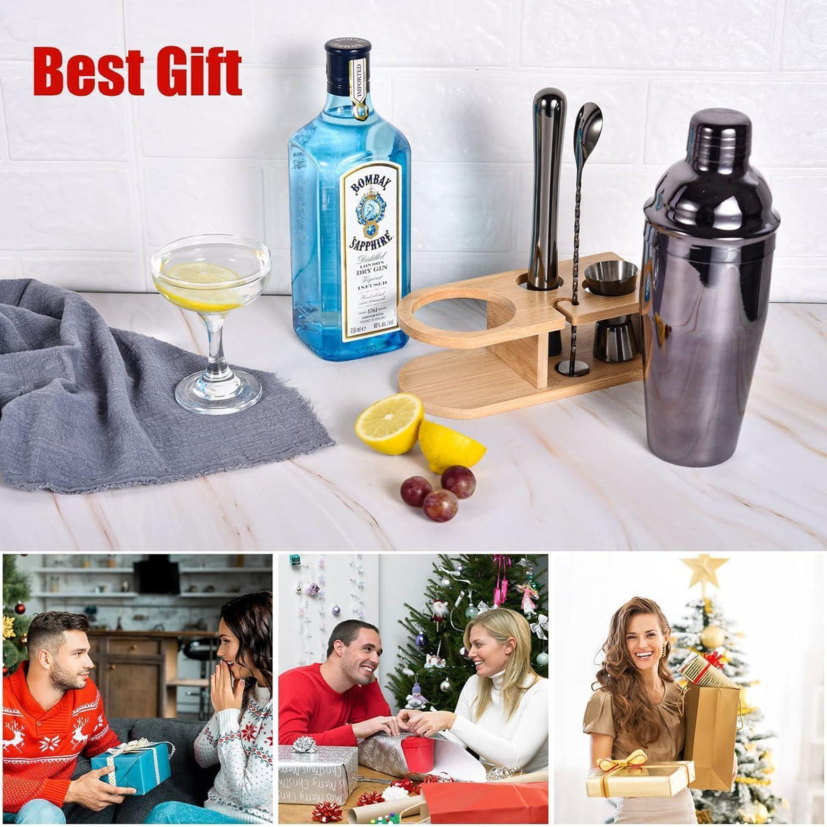 Cocktail Shaker Set 5-teilig Edelstahl mit Holzständer Grau