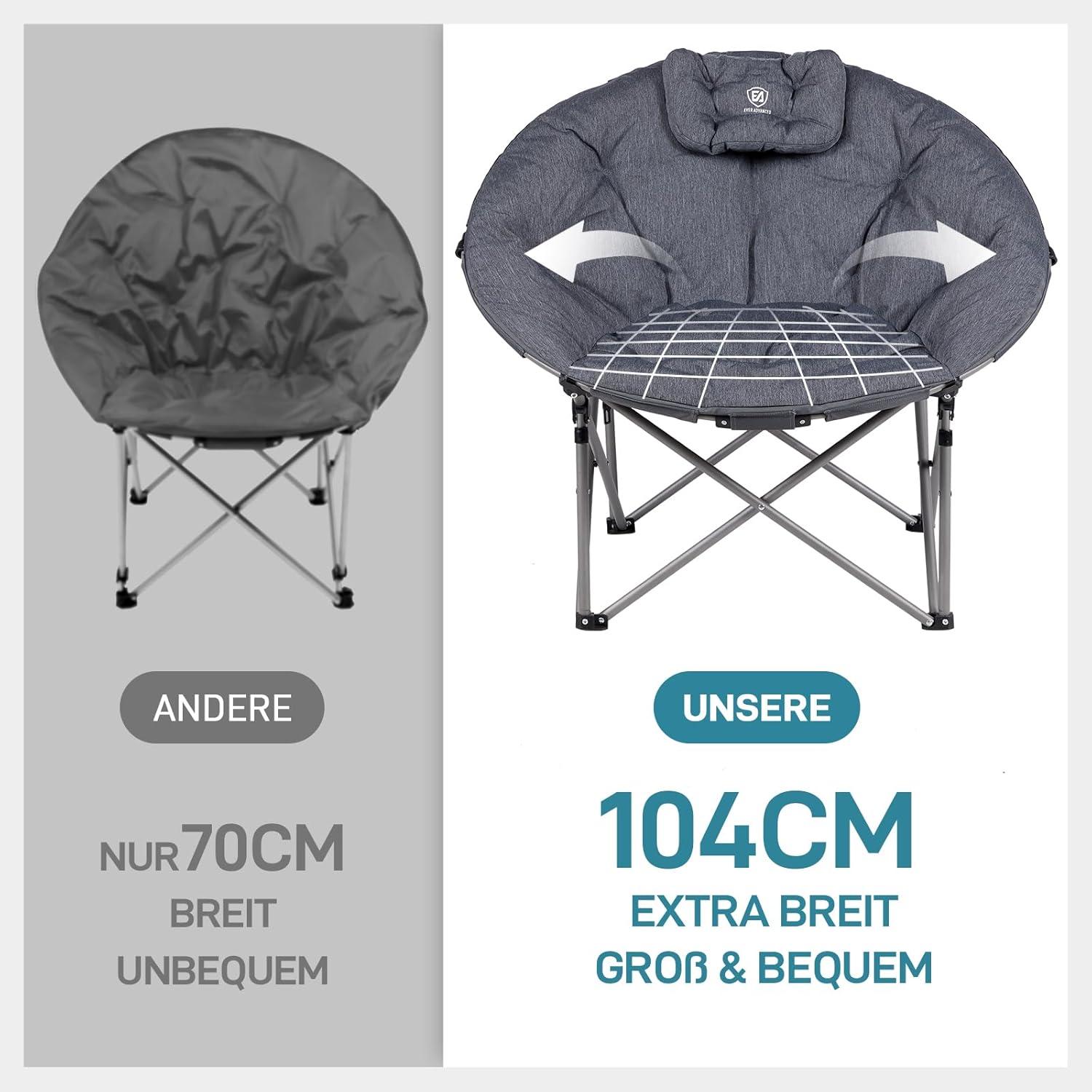 Campingstuhl XXL 150KG, Faltbar Moonchair Grau, Dick Gepolstert