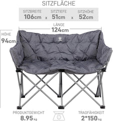Faltbares Campingsofa für 2 Personen XXL Luxus 300KG Belastbar Grau
