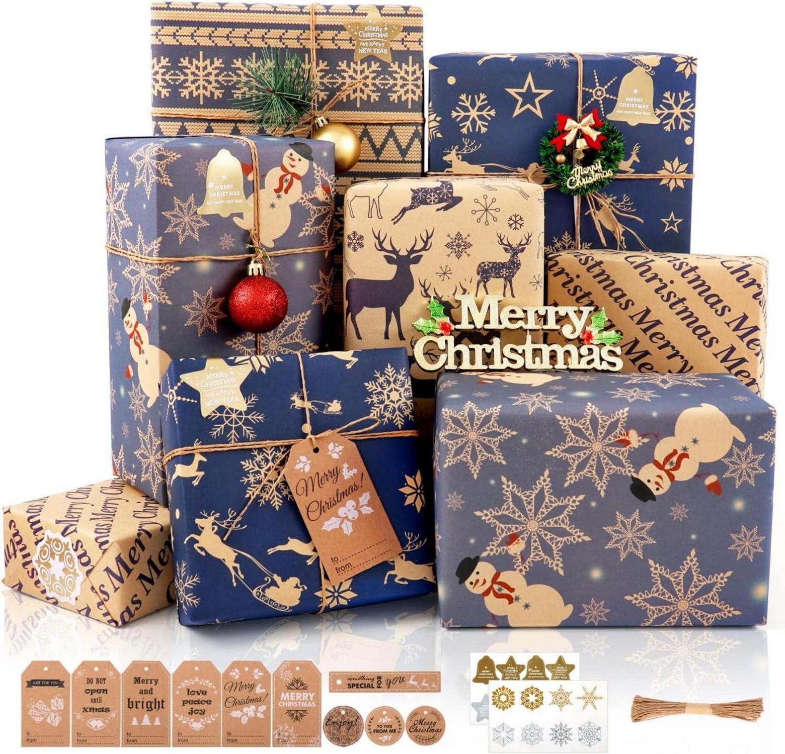 Weihnachten Geschenkpapier Set Dunkelblau Braun 6 Blatt Schleife