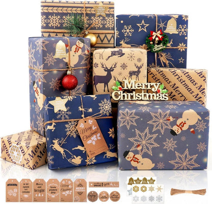 Weihnachten Geschenkpapier Set Dunkelblau Braun 6 Blatt Schleife
