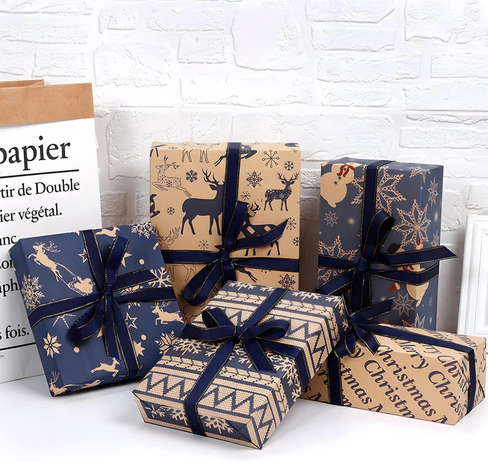 Weihnachten Geschenkpapier Set Dunkelblau Braun 6 Blatt Schleife