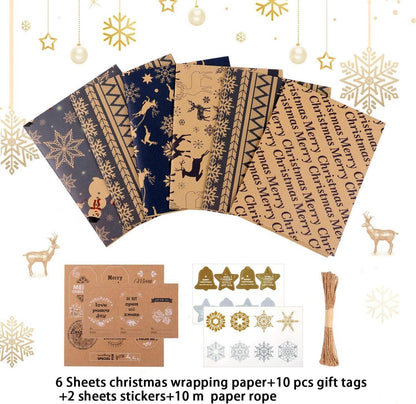 Weihnachten Geschenkpapier Set 6 Blatt Dunkelblau Braun 70x50CM Schleife & Aufkleber