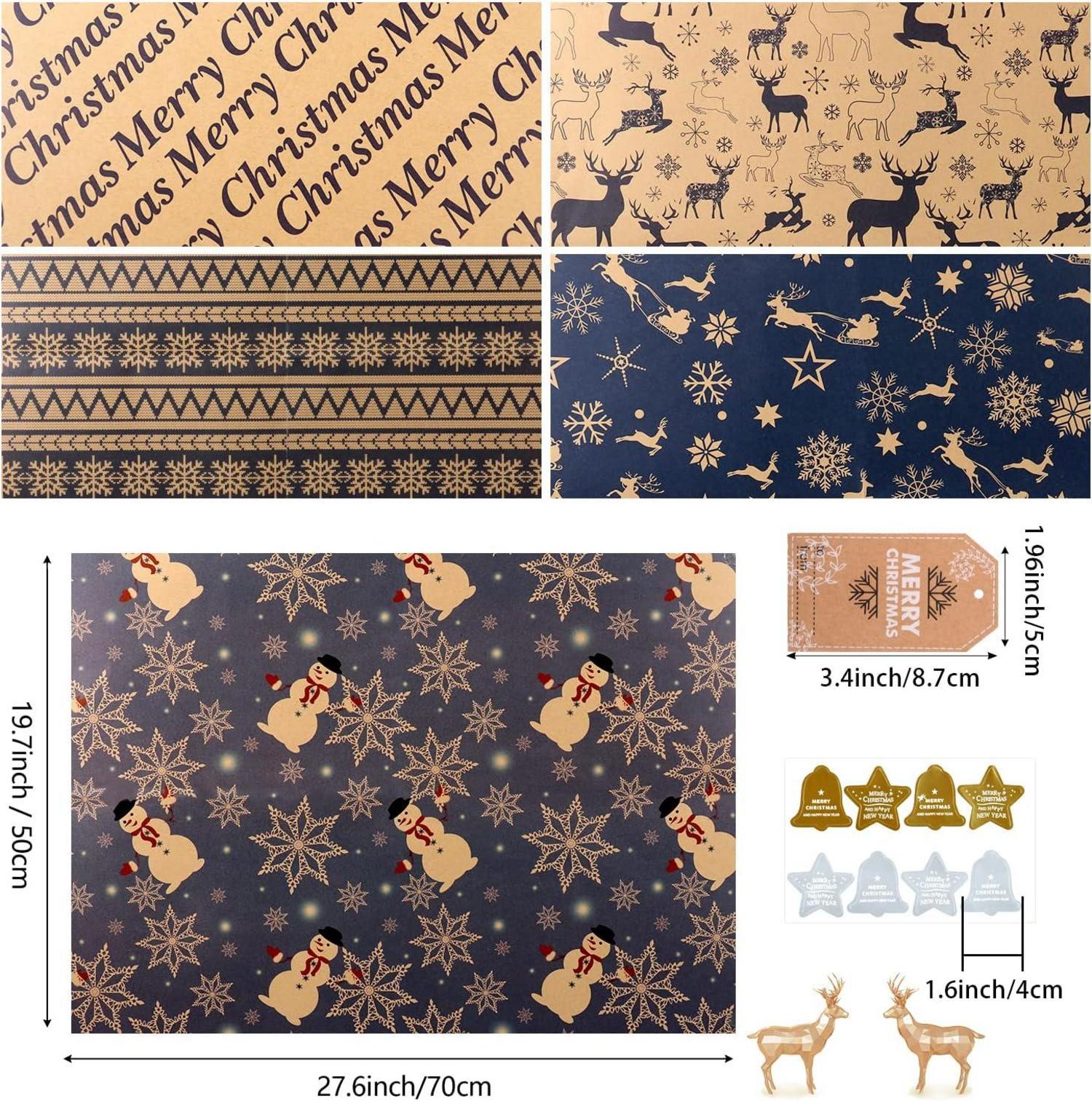 6 Blatt Weihnachts Geschenkpapier Set Dunkelblau & Braun mit