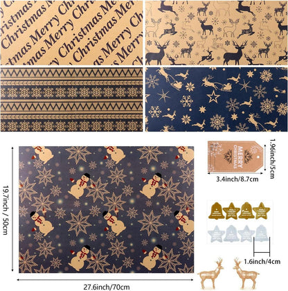 6 Blatt Weihnachts Geschenkpapier Set Dunkelblau & Braun mit