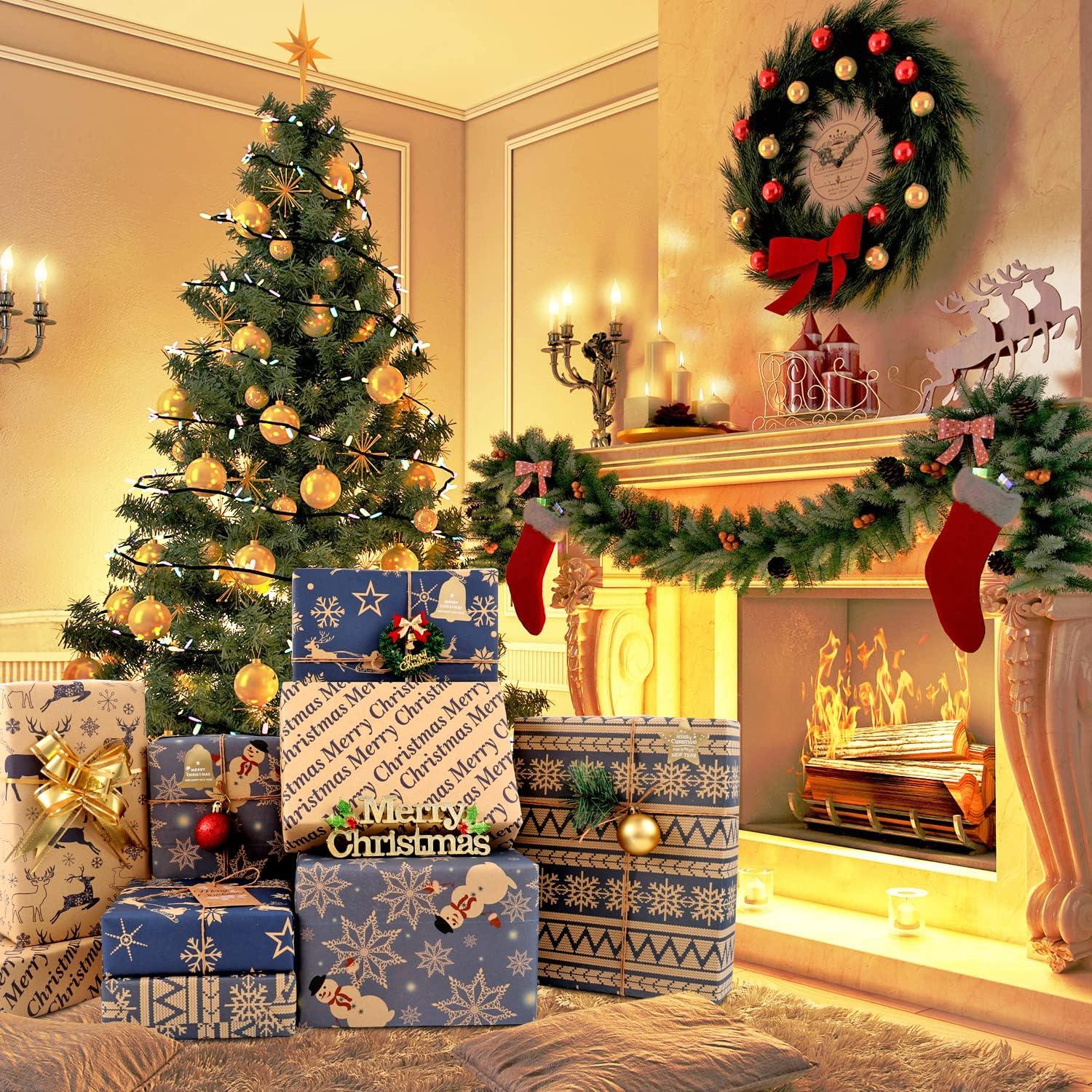 Weihnachten Geschenkpapier Set 6 Blatt Dunkelblau Braun Aufkleber Schleife