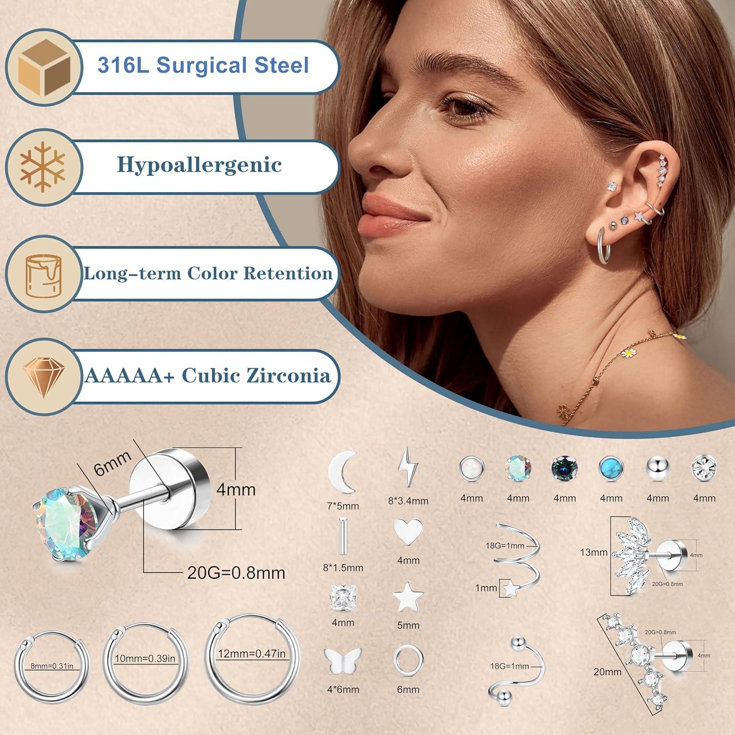 Kleine Ohrstecker Set Damen Chirurgenstahl Zirkonia Hypoallergen 19Paar