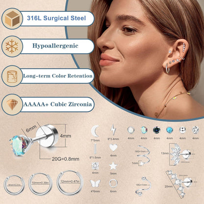 Kleine Ohrstecker Set Damen Chirurgenstahl Zirkonia Hypoallergen 19Paar