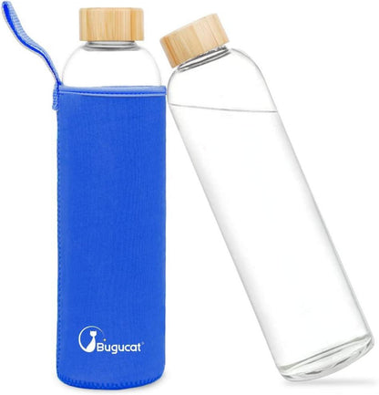 Glasflasche 1000 ml Bambusdeckel Schutzhülle Borosilikatglas