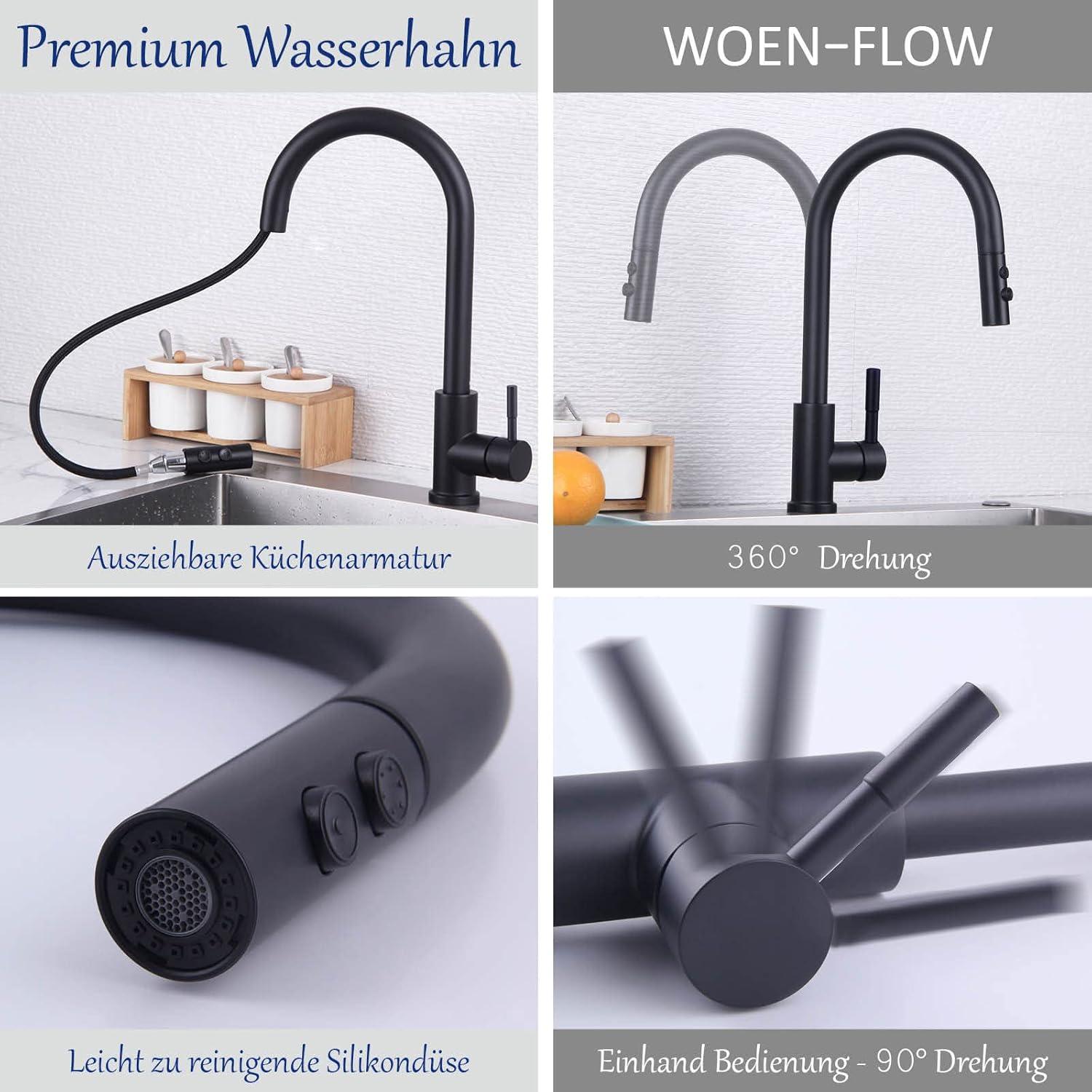 Wasserhahn Küche Schwarz Hochdruck Ausziehbar Schwenkbar Bogen Brause
