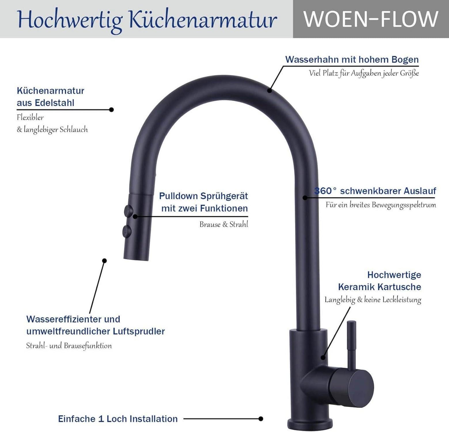 Wasserhahn Küche Schwarz Hochdruck Ausziehbar 360° Schwenkbar Brause 2