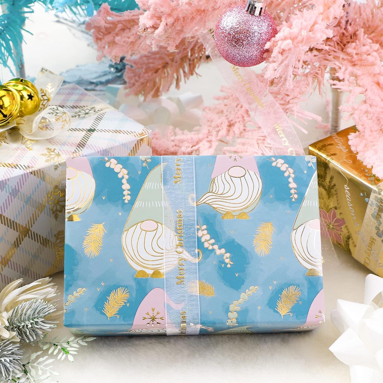 Weihnachtsgeschenkpapierrolle Gnome Elf Gold Lila Metallic 4 Rollen