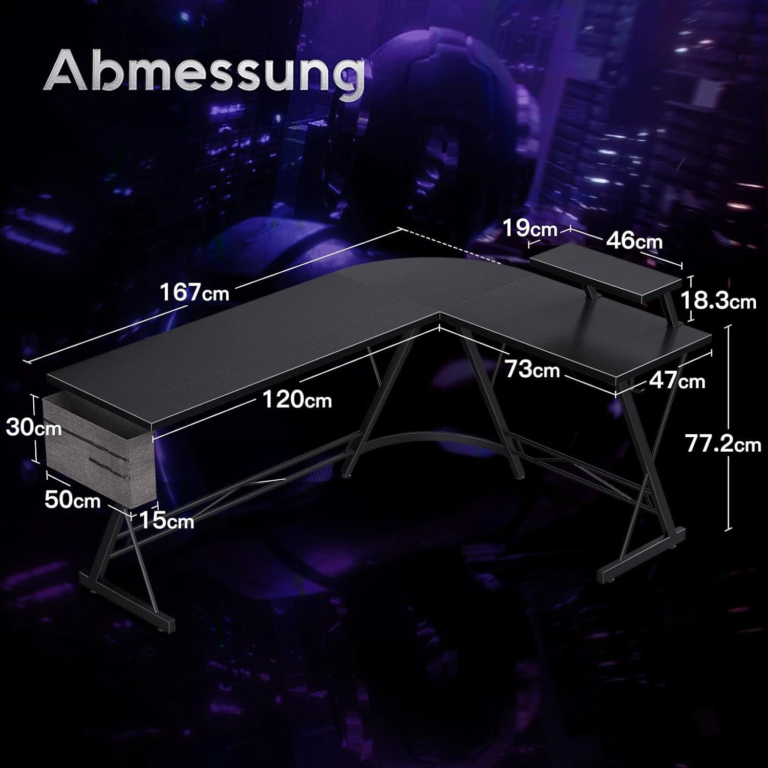 ODK Gaming Tisch Schreibtisch L-Form Monitorständer 167x120 cm Schwarz