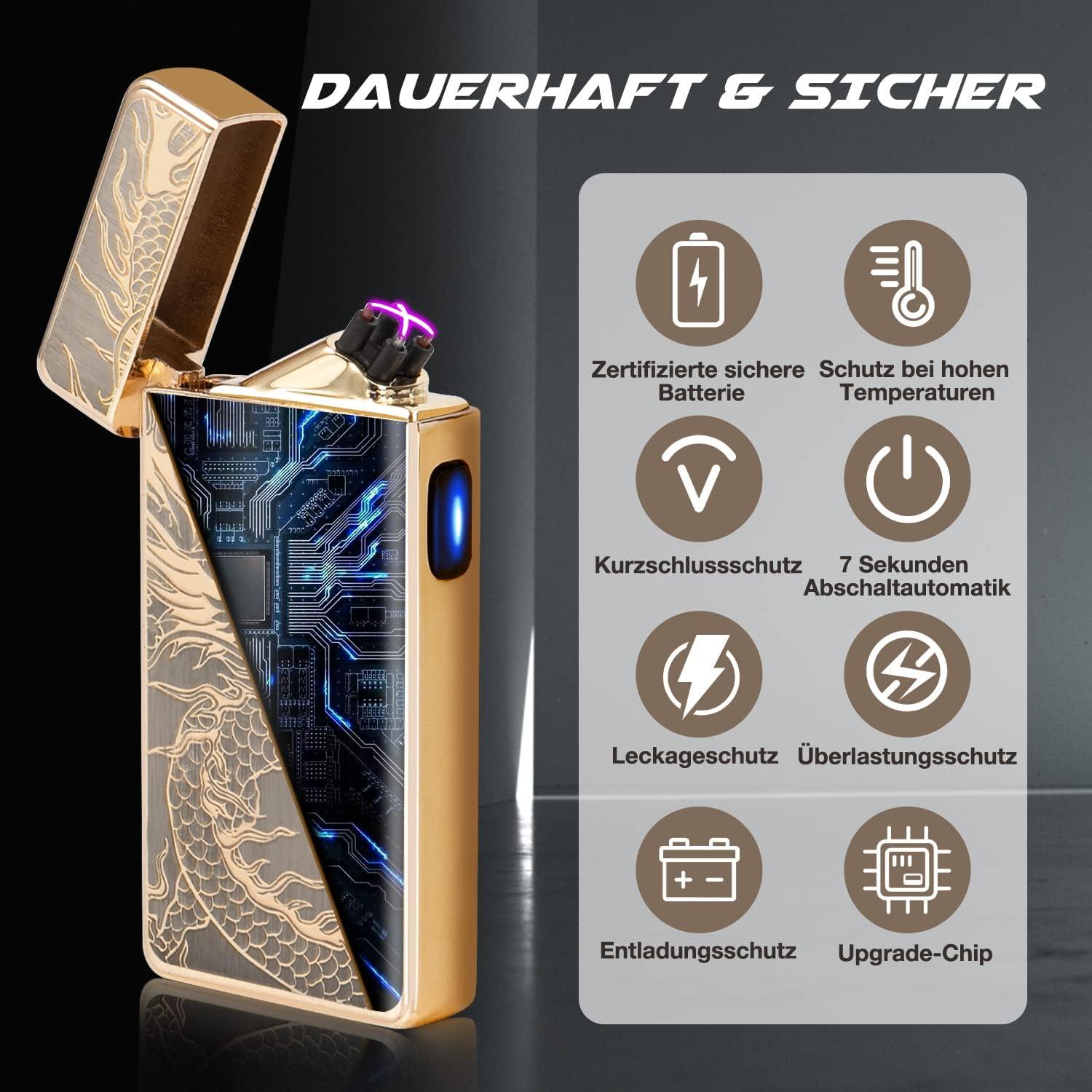 LcFun Elektro Lichtbogen Feuerzeug Drache USB Aufladbar,Winddicht Arc Sturmfeuerzeug Gold