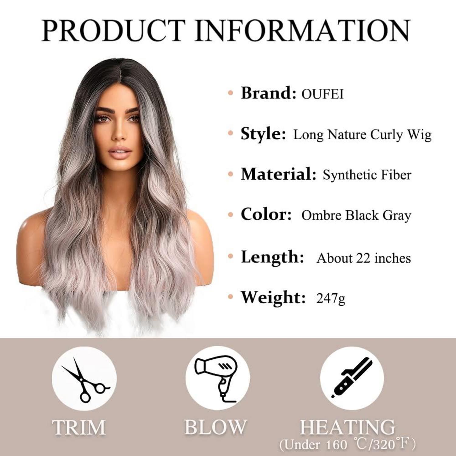 Lange Gewellte Ombre Schwarze Graue Synthetische Perücke für Frauen