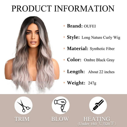 Lange Gewellte Ombre Schwarze Graue Synthetische Perücke für Frauen