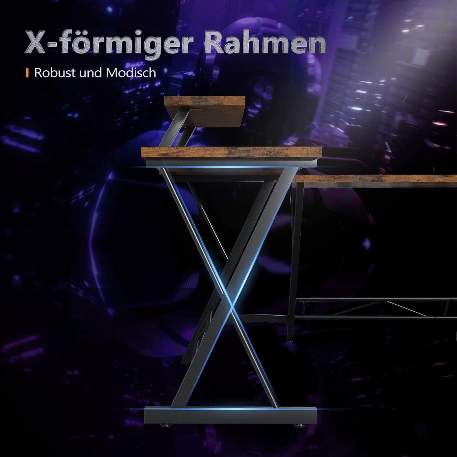 ODK Gaming Schreibtisch Eckschreibtisch L-Form Monitorständer Vintage Braun