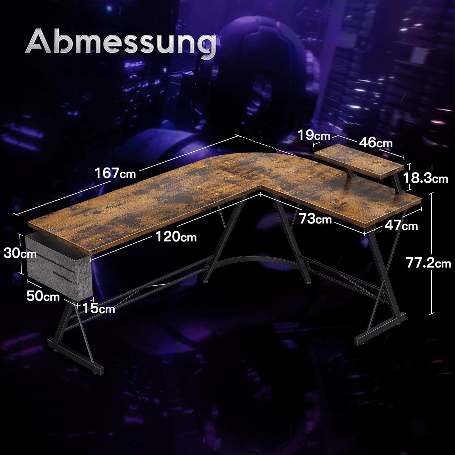 ODK Gaming Schreibtisch Eckschreibtisch L-Form Monitorständer Vintage Braun