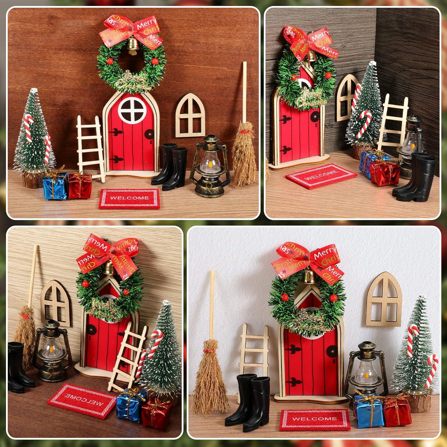 Miniatur Wichteltür Set Weihnachten Deko Holz Zubehör Rot