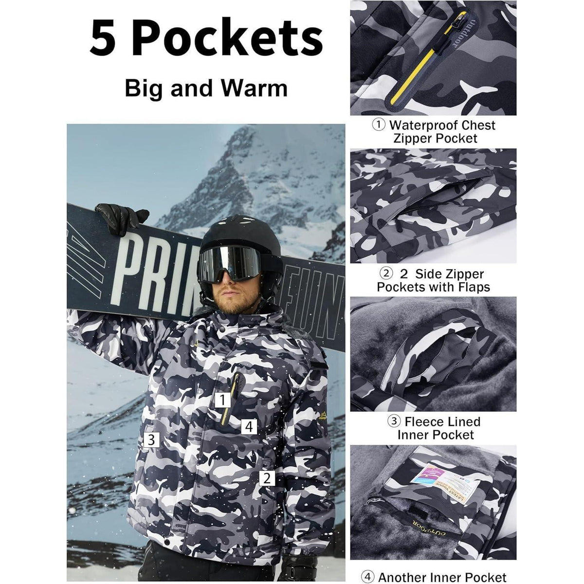 Herren Fleecejacke Winter Warm Gefüttert Skijacke Outdoor Schwarz-Camo