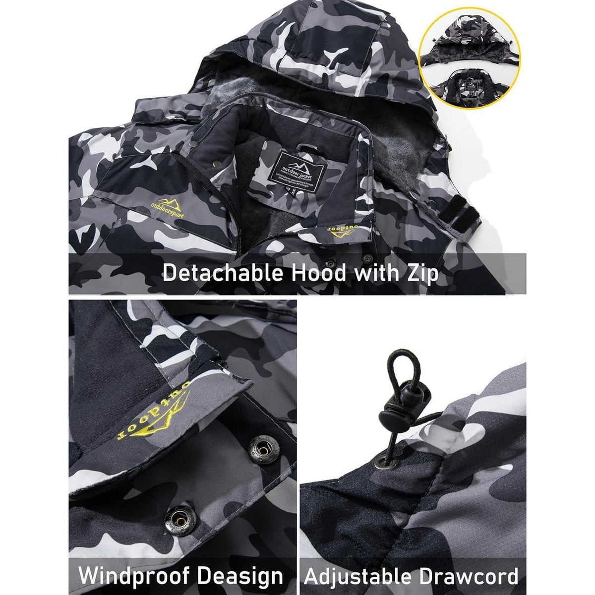 Herren Fleecejacke Winter Warm Gefüttert Skijacke Outdoor Schwarz-Camo