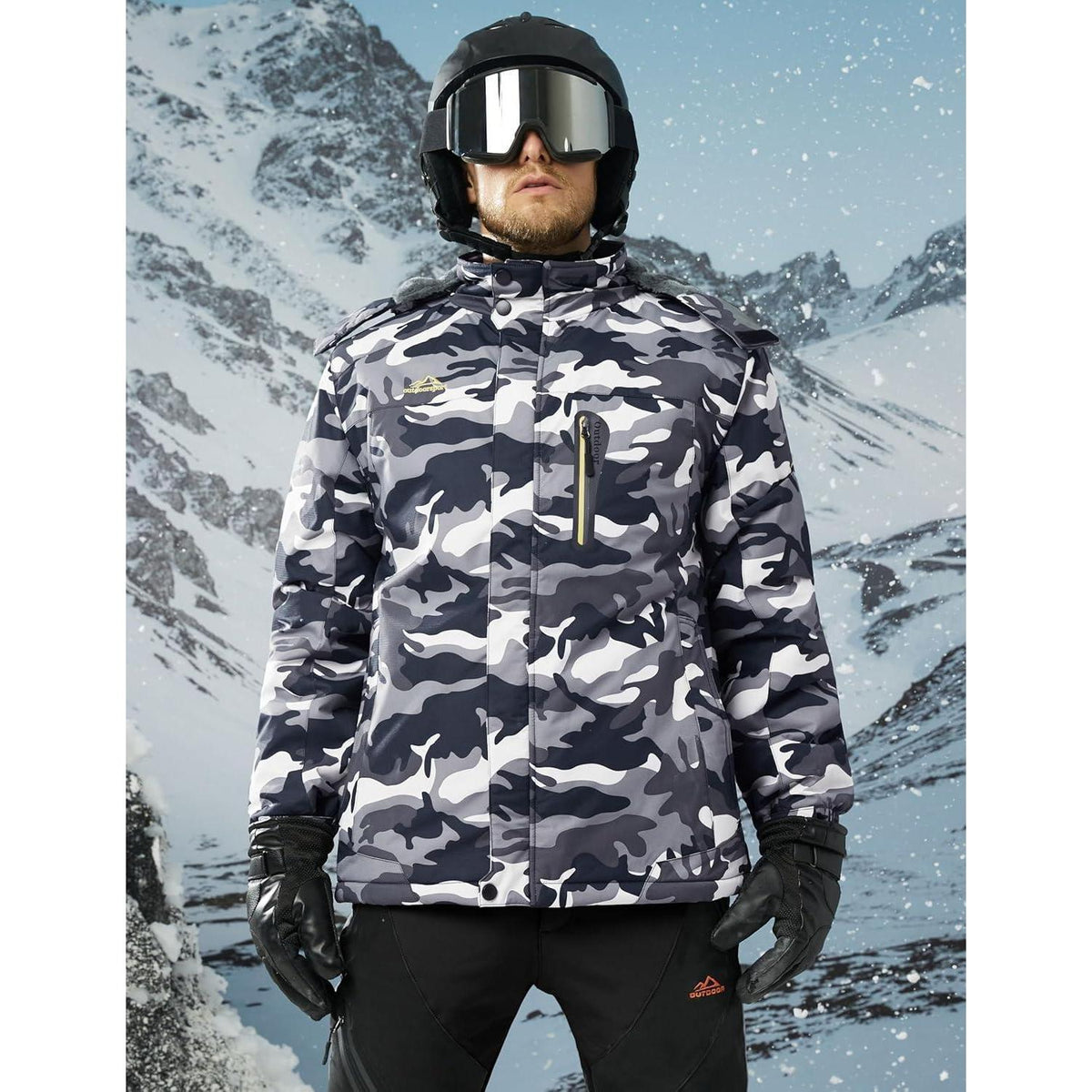 Herren Winterjacke warm gefüttert winddicht wasserdicht abnehmbare Kapuze Schwarz-Camo M