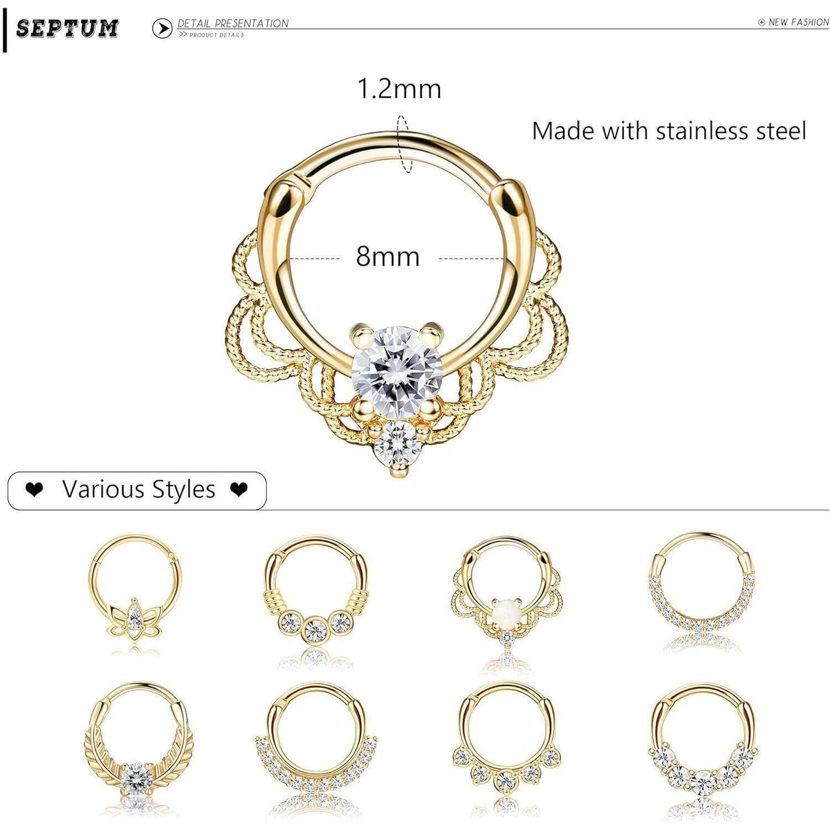 Septum Piercing Set 9 Stück Chirurgenstahl Zirkonia 16G 10mm Gold