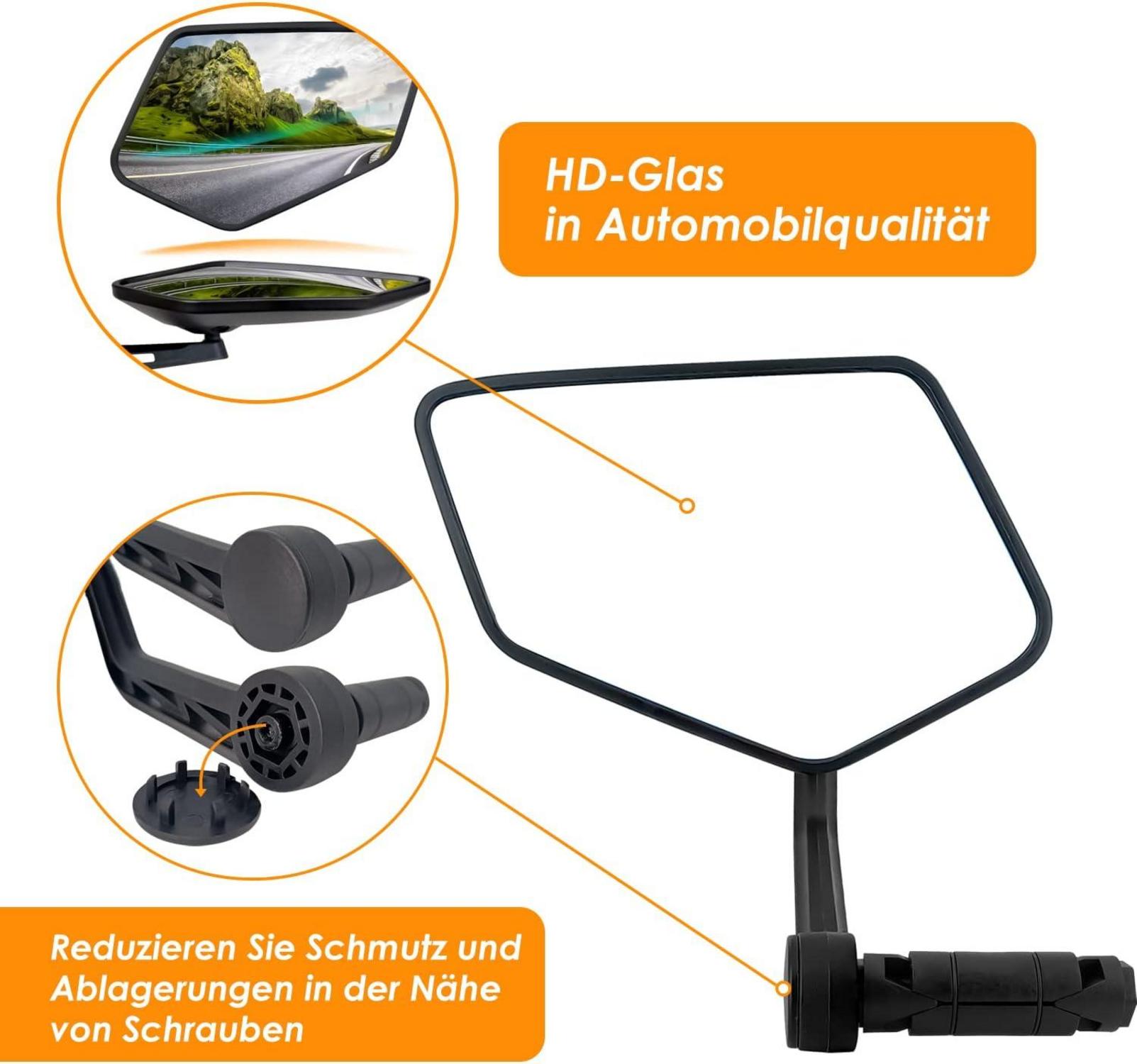 Arkham Fahrradspiegel Schlagfestes Echtglas Extra Groß 360° Reflektierend - Links Lenker 15-20mm - E-Bike Rückspiegel klappbar