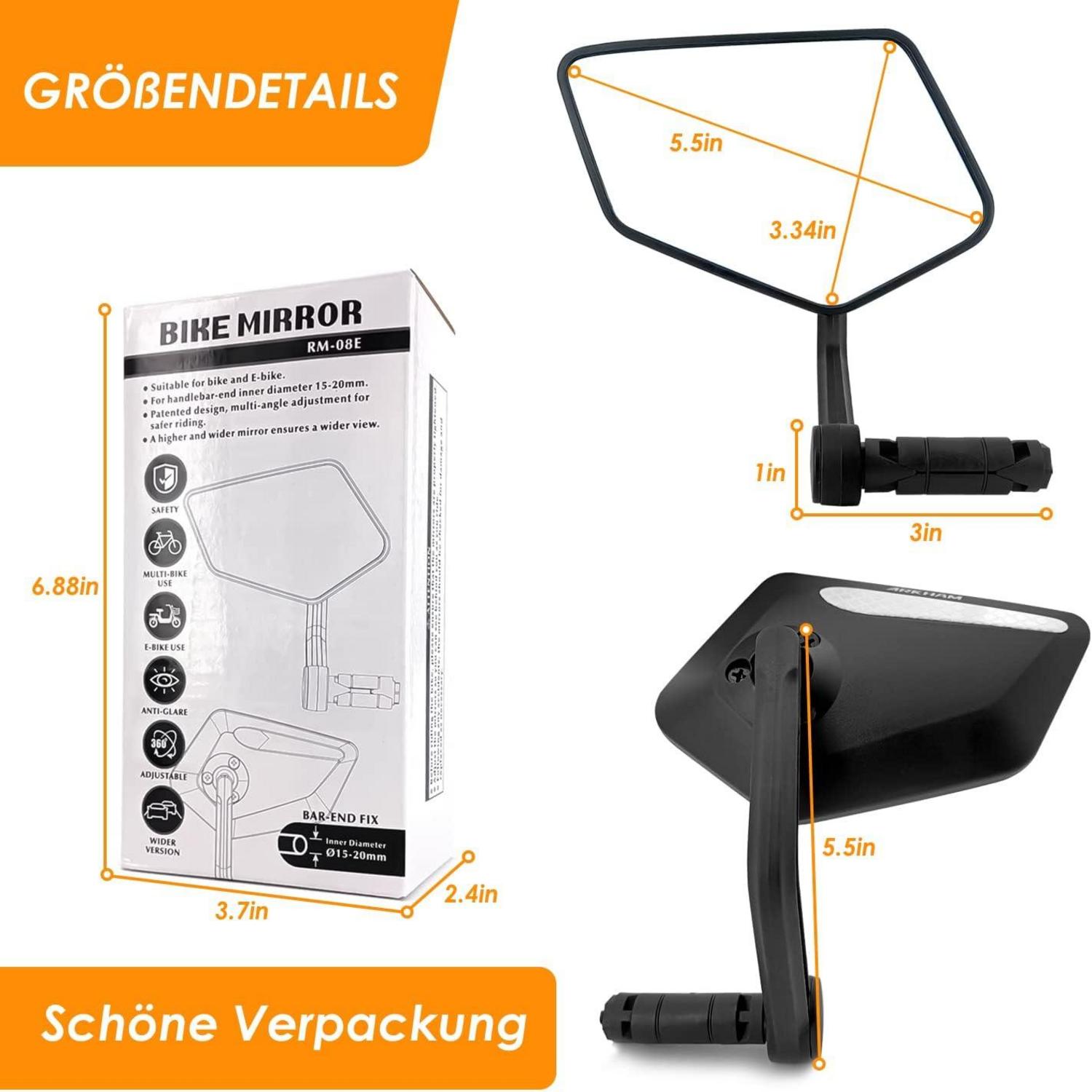 Fahrradspiegel HD Echtglas Extra Groß Linkslenker 15-20mm klappbar