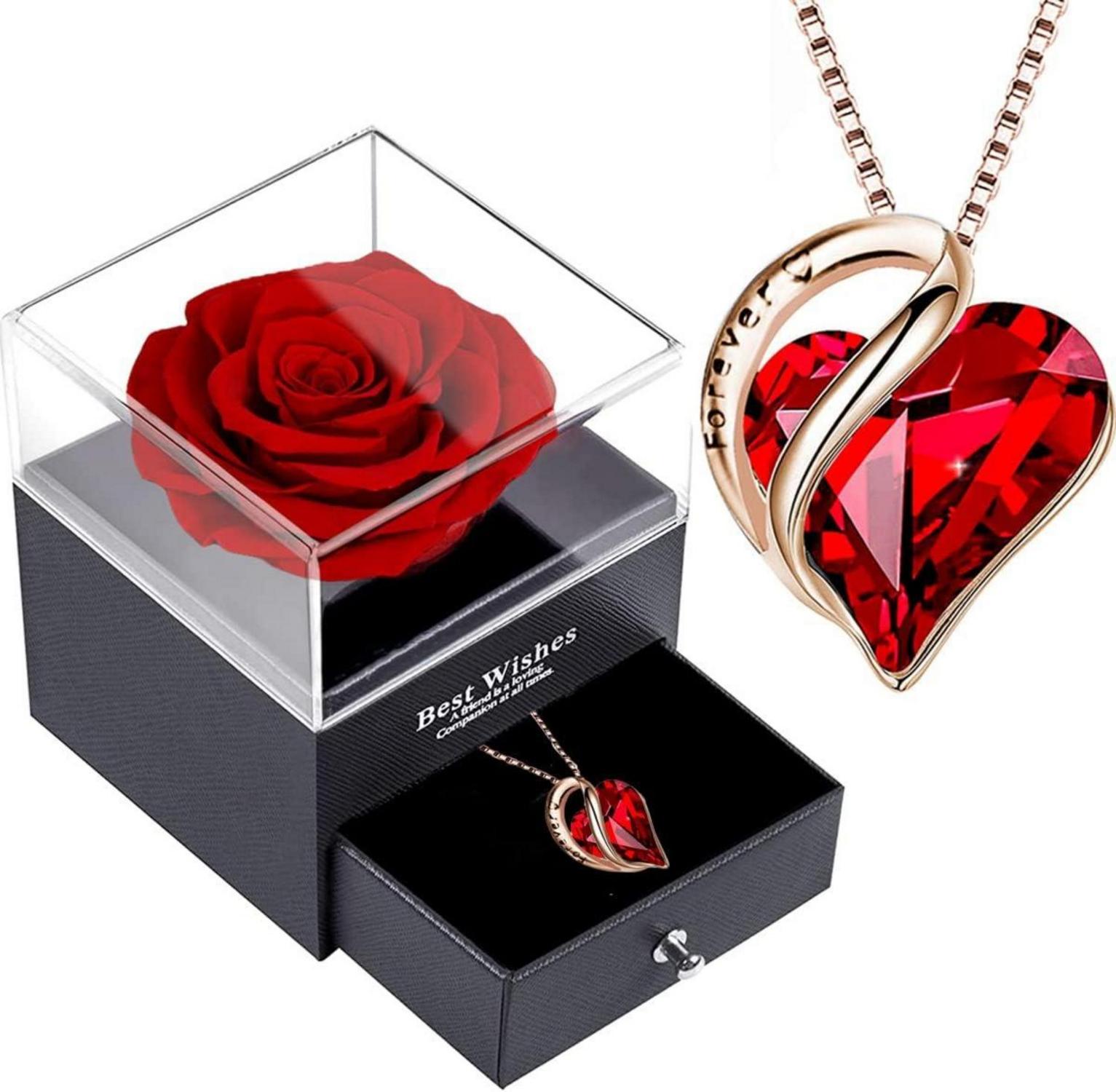 Ewige Rosenbox mit Damen Kette und Rote Rose
