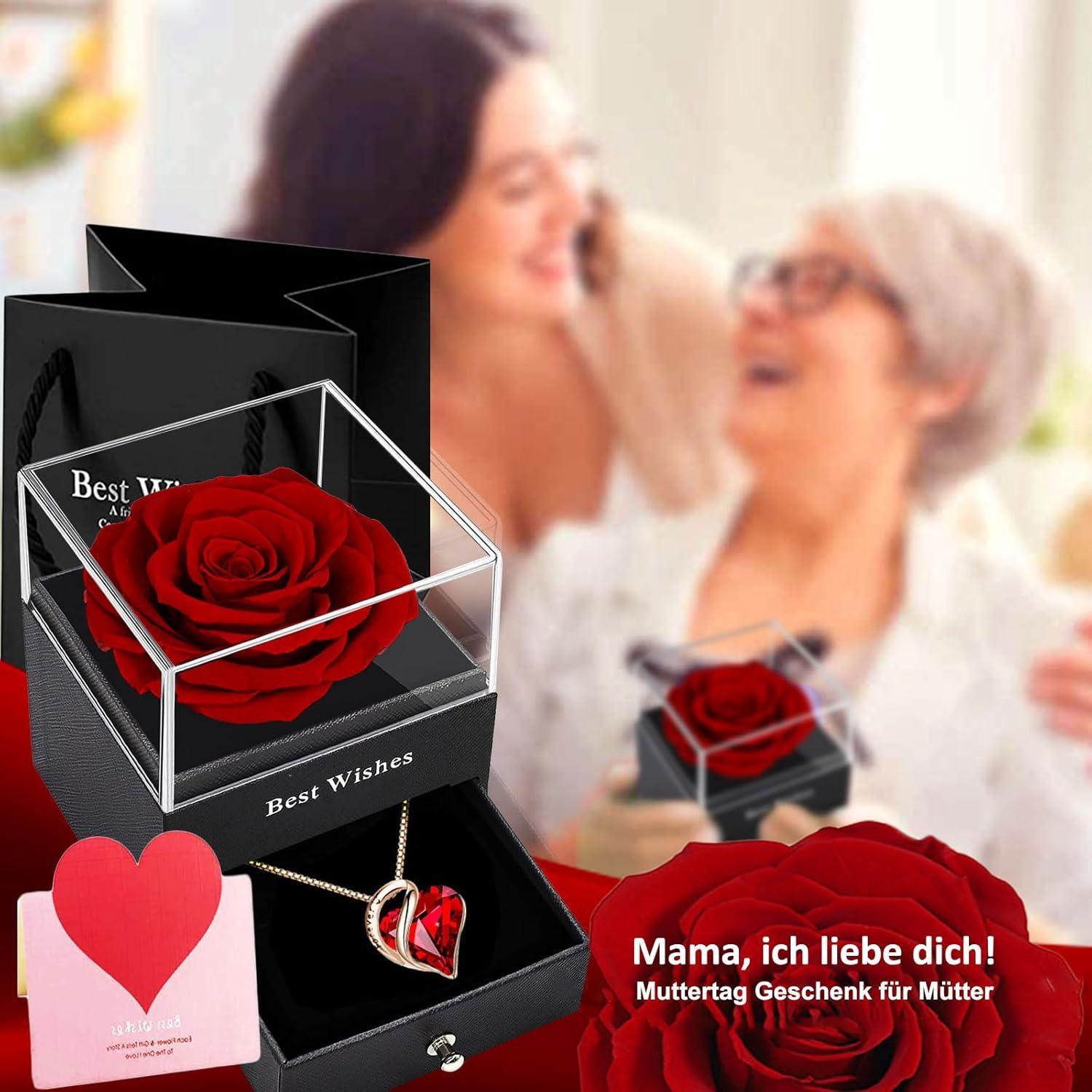 Ewige Rose Box Rote Rose Anhänger Damen Kette 925 SilberKristell Herz Halskette