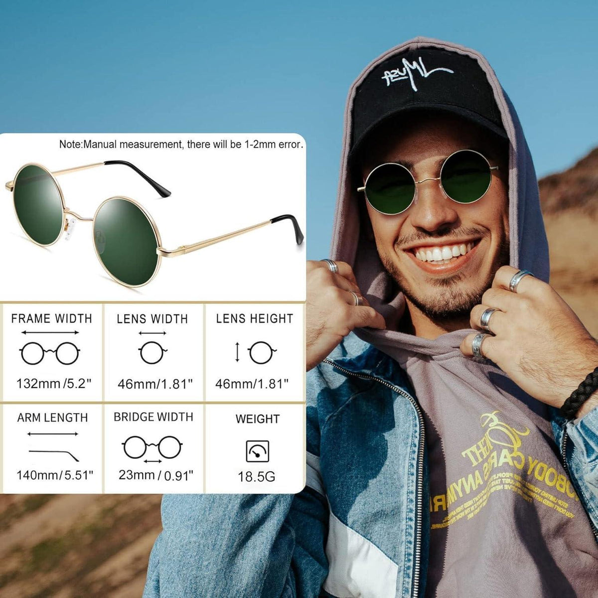 Runde Sonnenbrille Herren Damen Polarisierte Vintage UV400 Metallrahmen Gold
