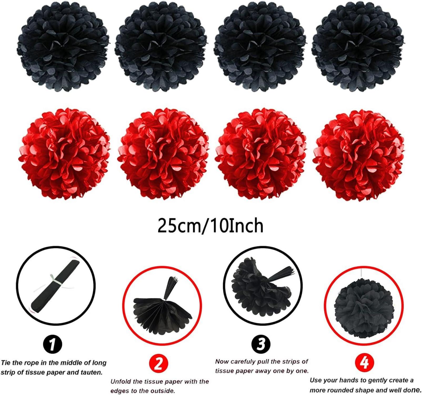 ZERODECO Party Dekoration Set Schwarz Rot Pompoms Girlande Kit