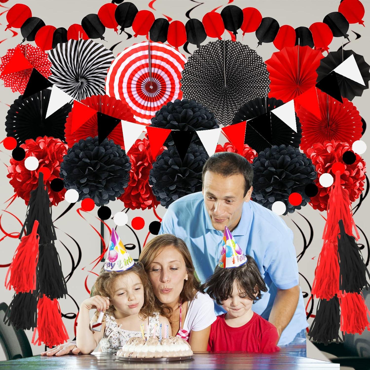 ZERODECO Party Deko Set Schwarz Rot Papier Pompoms Girlande