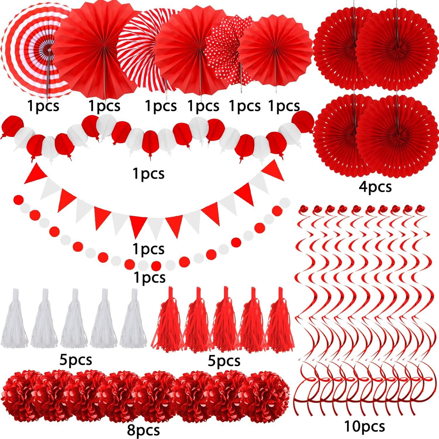 41-teilige rote Party Deko Set mit Papier Pompoms & Girlande