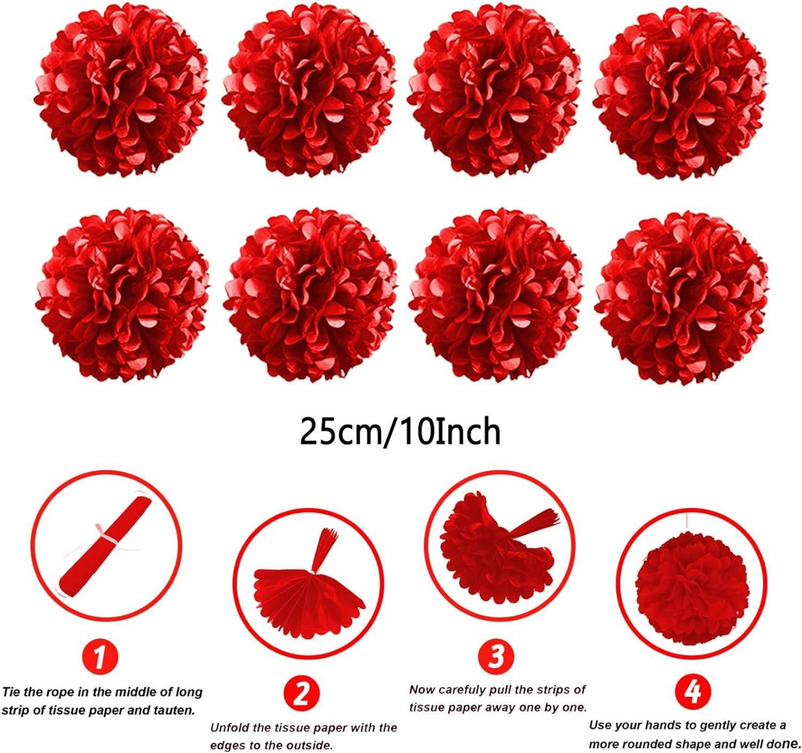 ZERODECO Papier Pompoms Girlande Rot Party Deko 41 Stück