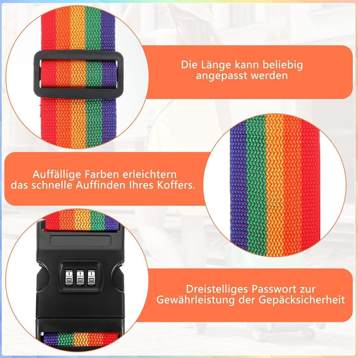 2er Set Koffergurte mit Zahlenschloss, 2m, Regenbogen Beige