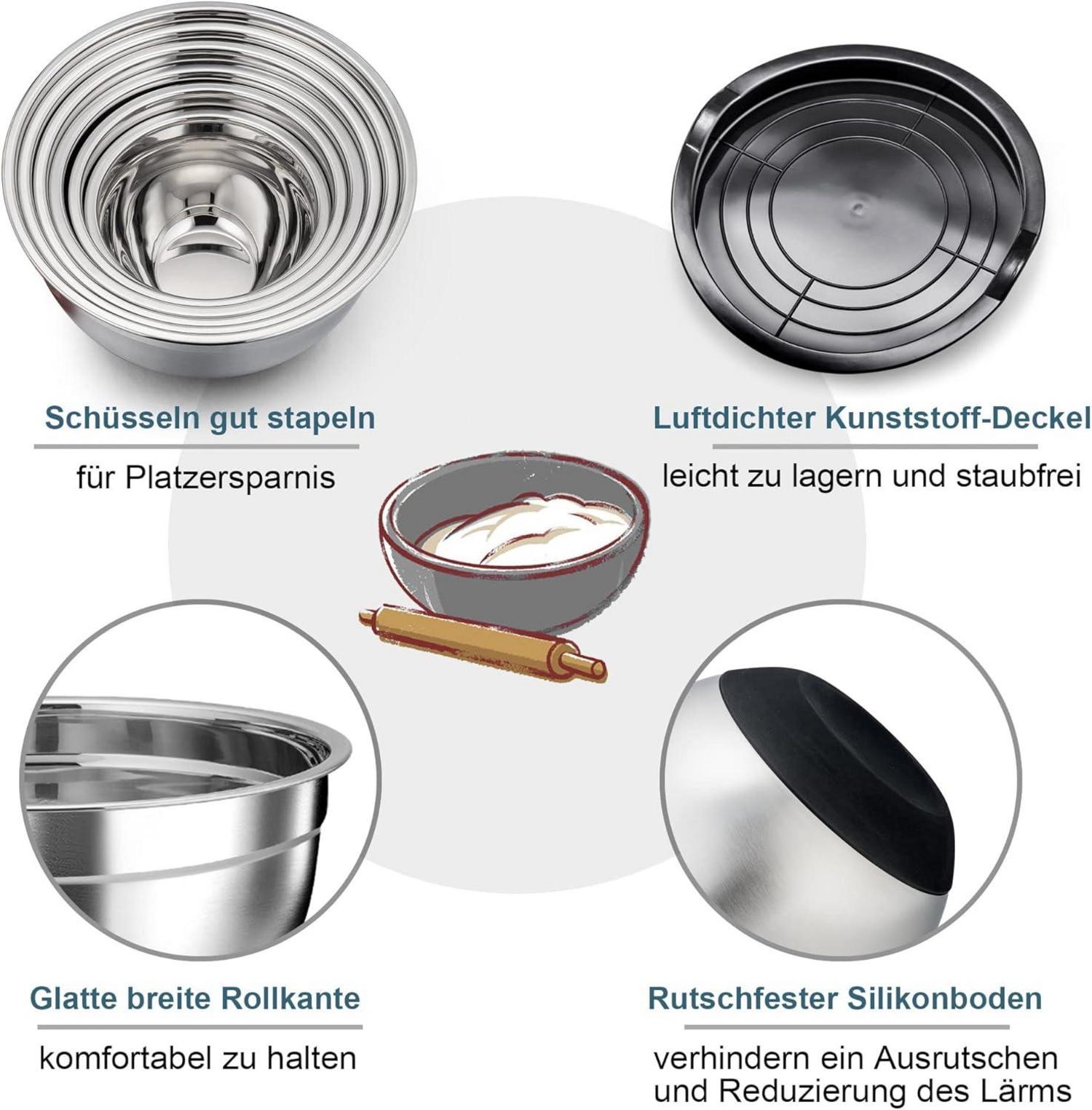 Edelstahl Rührschüssel Set 6er Luftdichten Deckel Silikonböden