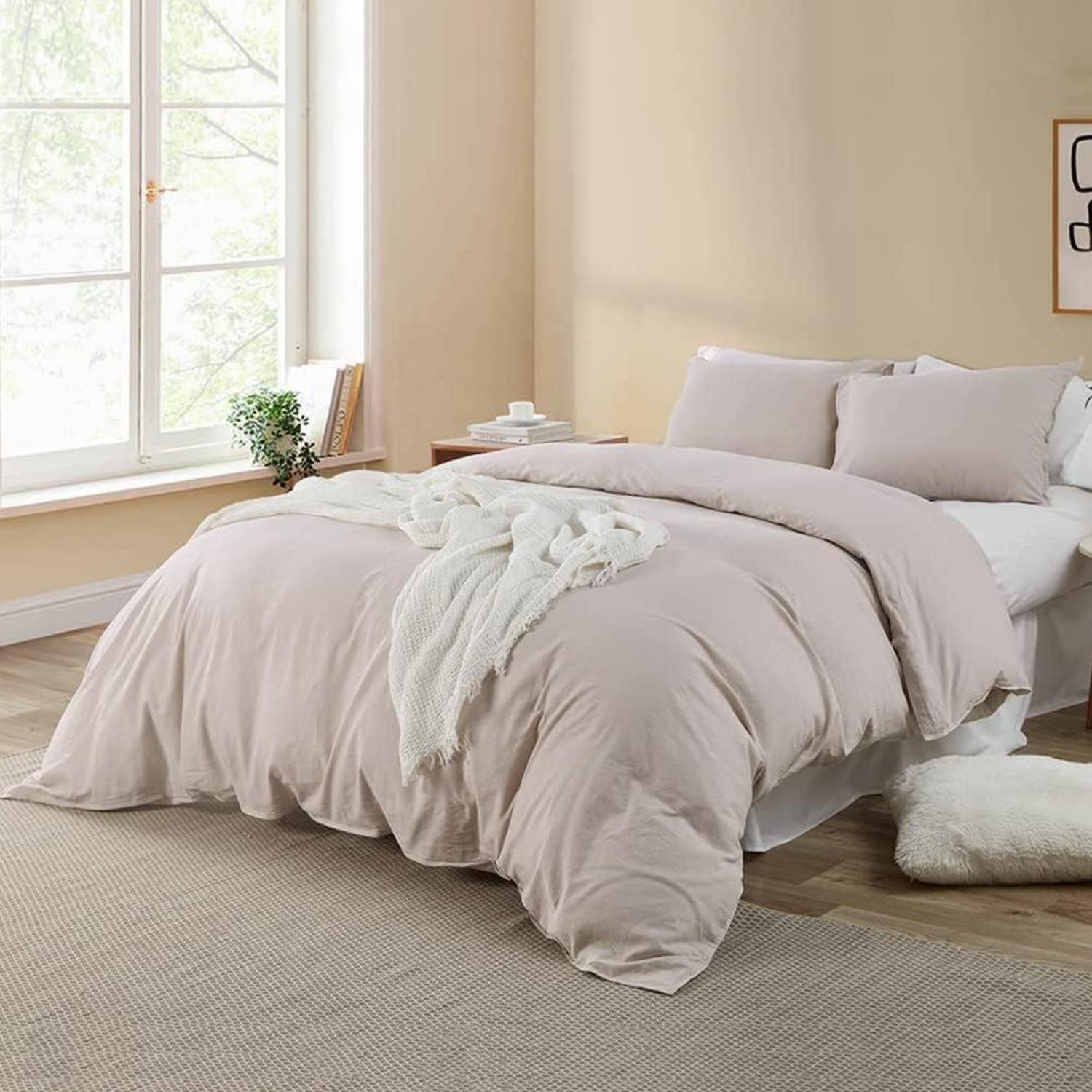 Bettwäsche-Set Mikrofaser beige 200x200cm Kissenbezug 80x80cm 2er Set