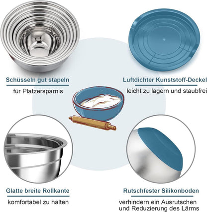 Edelstahl Rührschüssel Set mit Luftdichten Deckeln, Stapelbar, Spülmaschinenfest