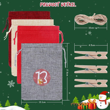 Adventskalender zum Befüllen mit 24 Weihnachtstüten aus Jute