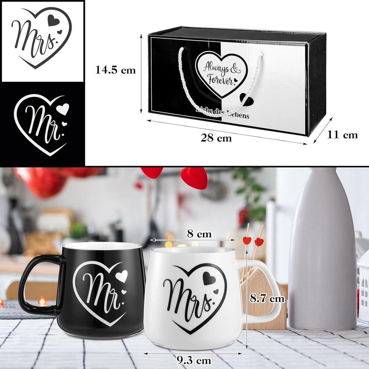 Mr & Mrs Partner Tassen Set Keramik 350ml Geschenkbox