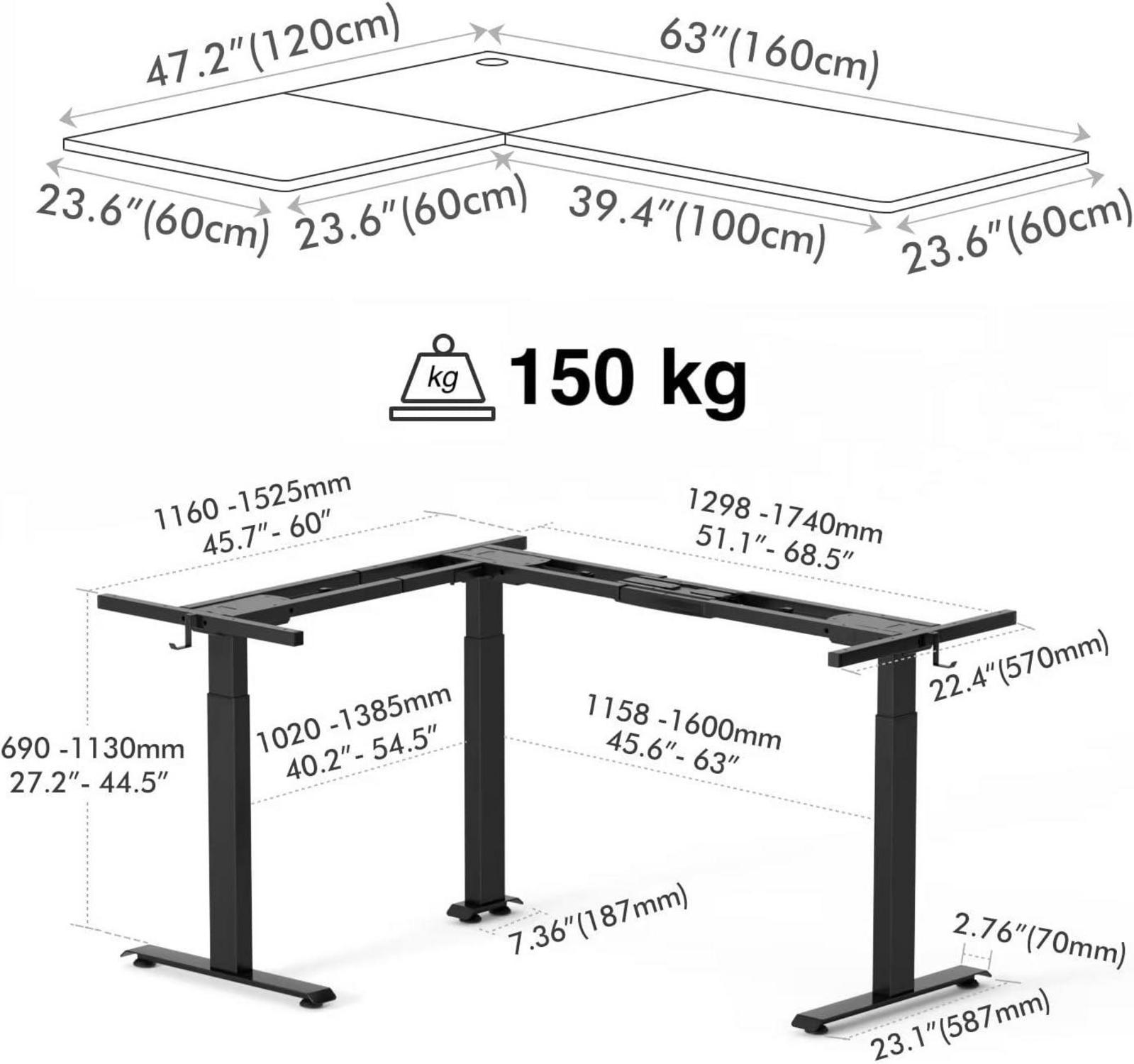Elektrischer L-Form Schreibtisch Höhenverstellbar 160x120cm Schwarz
