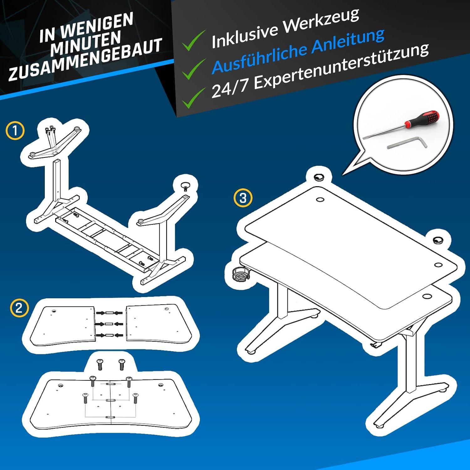 KLIM K152 Gaming Tisch - 152 cm Schreibtisch mit Getränkehalter & Headset Haken